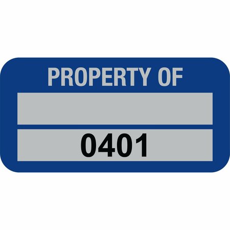 LUSTRE-CAL PROPERTY OF Label, 5 Alum Dark Blue 1.50in x 0.75in  1 Blank Pad & Serialized 0401-0500, 100PK 253769Ma2Bd0401